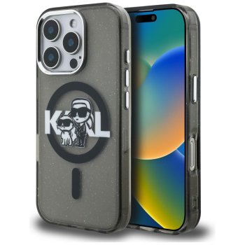 Karl Lagerfeld IML Glitter Karl & Choupette MagSafe vāciņš iPhone 16 Pro Max - Melns