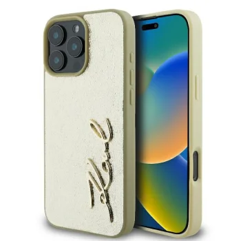 Apple iPhone 16 Pro 6.3'' Karl Lagerfeld Metal Signature Cover Case, Gold | Чехол Кейс Бампер...