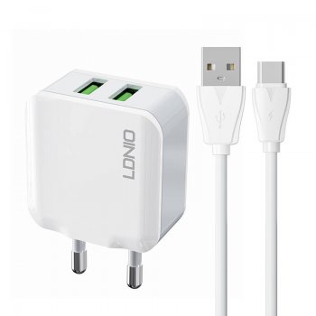 LDNIO A2201 Wall Charger 12W 2xUSB + Charging Data Cable ( USB to Type C ), White | Uzlādes Ierīce Lādētājs...