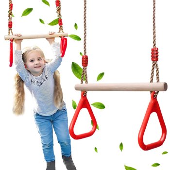 Koka vingrošanas trapeces šūpoles bērniem ar rokturiem sarkanas