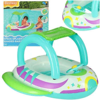Bestway 34149 Kids Inflatable Swim Ring with Steering Wheel and Sunshade, 107x112 cm