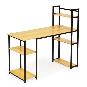 Computer desk with shelves, metal frame, ModernHome, light oak