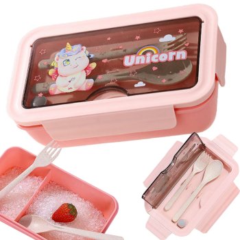 Pusdienu kaste ar nodalījumiem un galda piederumiem skolai darbam, rozā