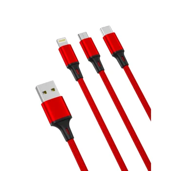 XO NB173 3in1 USB kabelis – Lightning, USB-C, microUSB, 1.2 m, 2.4A, sarkans