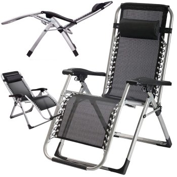 Heavy Duty Zero Gravity Chair with Pillow, Folding Reclining Patio Lounger, Black