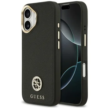 Guess iPhone 17 vāciņš Grained Strass Logo MagSafe, melns