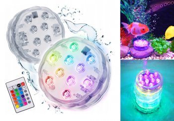 Ūdensizturīga Bezvadu LED Akvārija Baseina Ūdens Gaisma Lampa ar Pulti 10 LED RGB, 2 gab. | Waterproof Wireless...