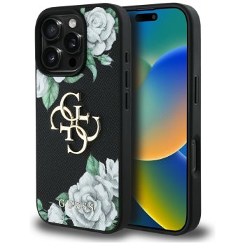Guess Grained Roses Big 4G logo Phone Case Cover iPhone 16 Pro Max - black