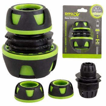 Dārza šļūtenes labošanas savienotājs 1/2 uz 3/4 collām DIVO, zaļi melns