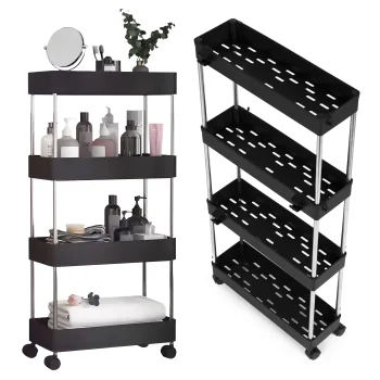 Modernhome PJJKT0104 plastmasas vannas istabas plaukts ar 4 plauktiem un riteņiem, melns