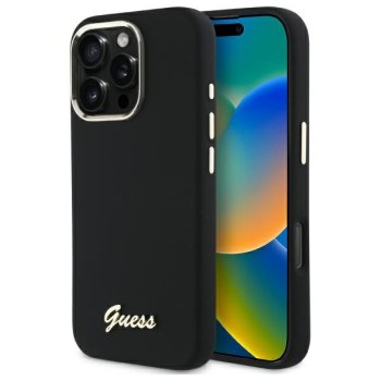 Guess Silicone Script Metal Logo & Frame vāciņš iPhone 16 Pro Max – melns | Phone Case Cover