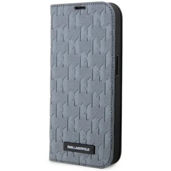 Karl Lagerfeld iPhone 14 Pro atverams vāciņš maciņš grāmatiņa Saffiano Monogram, sudraba