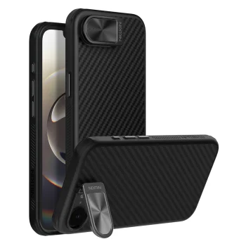 Nillkin CarboProp Magnetic vāciņš iPhone 16e / 17e ar kameras vāciņu un statīvu, melns