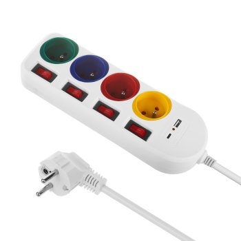 Maclean MCE508 W Pagarinātājs, 4 ligzdas, USB-A/C, 1.5m, Balts