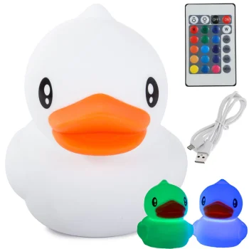 Bērnu LED naktslampiņa Pīle ar pulti, RGB, USB, balta