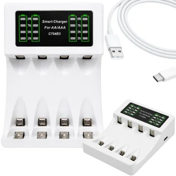 Maxday C704B3 AA/AAA akumulatoru lādētājs, USB-C, LCD, balts