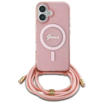 Чехол Guess для iPhone 16 Crossbody Cord Script MagSafe, розовый