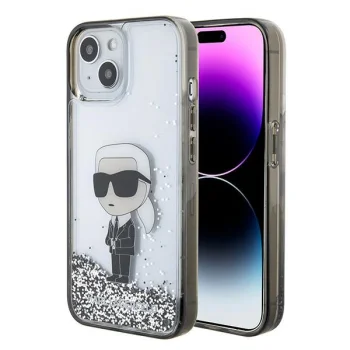 Karl Lagerfeld iPhone 15 vāciņš Liquid Glitter Ikonik, caurspīdīgs