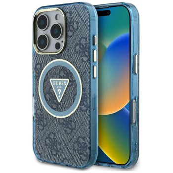 Guess IML Metal Glitter 4G Circle Triangle MagSafe vāciņš priekš iPhone 16 Pro Max - Zils | Phone Case Cover Blue