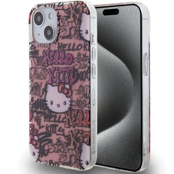 Hello Kitty iPhone 15 vāciņš IML Tags Graffiti, rozā