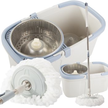 Rotating floor mop with 360° telescopic handle, spin bucket, microfiber pad, ecru
