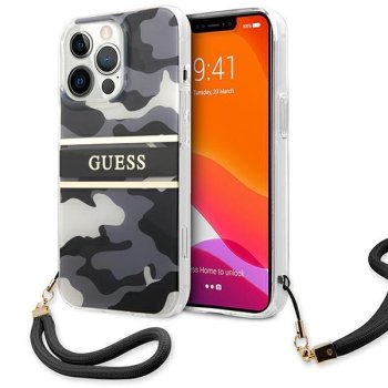 Guess iPhone 13 vāciņš Camouflage ar siksniņu Melns