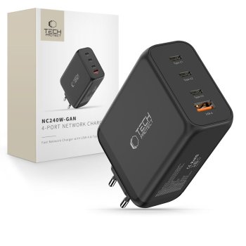 Tech-Protect NC240W-GaN 4-portu 240W sienas lādētājs – melns