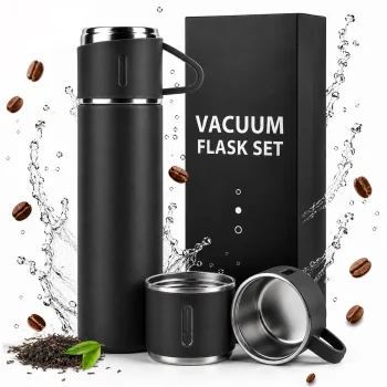 Thermos Flask 500 ml with 3 Cups, Stainless Steel Travel Set, Black