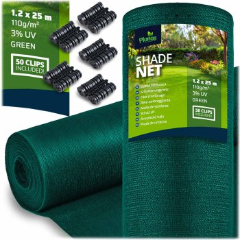 Plonos ēnojuma tīkls 1,2x25 m 110 g/m² ar 50 zaļiem stiprinājumiem, zaļš