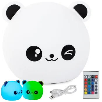 Bērnu naktslampiņa Panda RGB ar pulti, LED, USB, balta