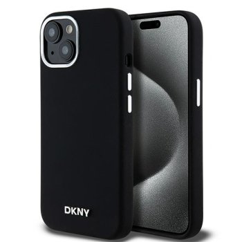 Apple iPhone 15 Plus 6.7'' DKNY Liquid Silicone Small Metal Logo MagSafe Case Cover, Black | Чехол Кабура...