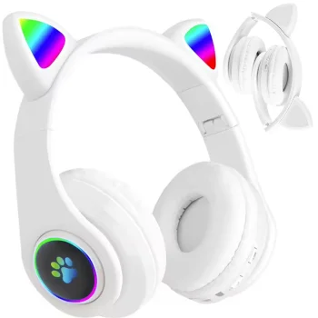 Bezvadu Bluetooth austiņas ar kaķa ausīm, LED, FM radio un Micro SD, baltas