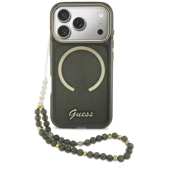 Чехол Guess IML Glitters Script Strap MagSafe для iPhone 17 Pro, черный