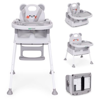3-in-1 bērnu barošanas krēsliņš ECOTOYS ar dubulto paplāti, pelēks