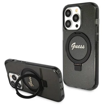 Guess iPhone 14 Pro Max Case Ring Stand Script Glitter MagSafe, Black