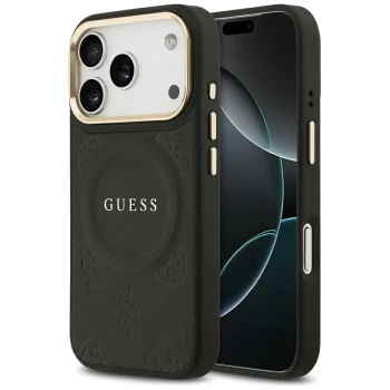 Guess iPhone 17 Pro vāciņš PU Peony Hot Stamp MagSafe, melns