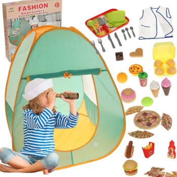 Bērnu Spēļu Telts Māja Paviljons Ceļotāju Komplekts ar Piederumiem un Pārtiku, 62 el. | Play Tent House Lodge...