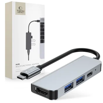 Tech-Protect V2 4in1 USB-C centrmezgls (USB-A / USB-C / HDMI), pelēks