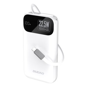 Dudao K31 10000 mAh 22.5W PD Powerbanka ar iebūvētu kabeli – Balta | Powerbank With Built-In Cable - White