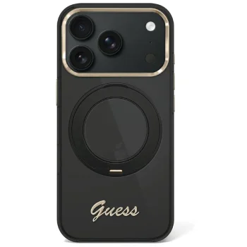 Guess IML Ring Stand 360 Script Metal Logo MagSafe vāciņš iPhone 17 Pro / 18 Pro, melns