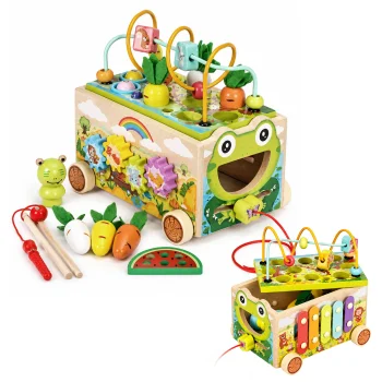ECOTOYS Wooden 8-in-1 Frog Activity Cube Walker with Xylophone and Sorter