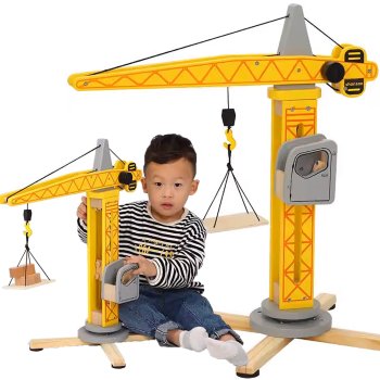 Large Wooden Toy Crane with Rotating Arm and Manual Controls