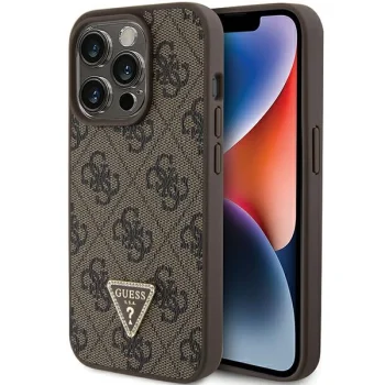 Guess Leather 4G Triangle Strass Case for iPhone 15 Pro, Brown