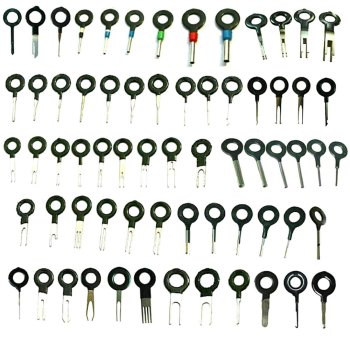 Universal 66-piece pin extractor key set for connectors, silver-black