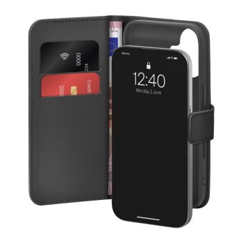 Puro Wallet Stand maciņš iPhone 17, izgatavots no eko ādas, ar vāciņu, maku un statīva funkciju - melns | Phone...