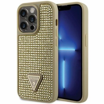 Guess iPhone 14 Pro vāciņš Rhinestone Triangle, zelta
