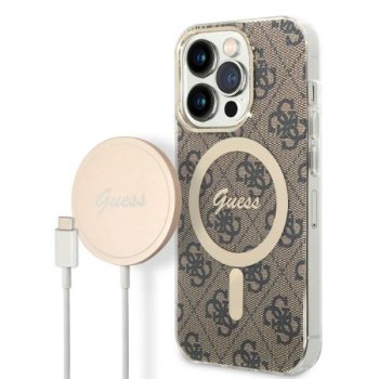 Apple iPhone 14 Pro Max 6.7" Guess 4G Print MagSafe Case Cover (GUBPP14XH4EACSW) + Charger, Brown