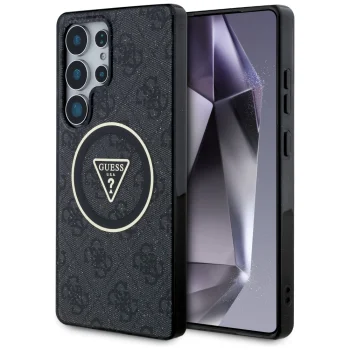 Чехол Guess 4G Glitter Triangle Buttons MagSafe для Samsung Galaxy S25 Ultra Black