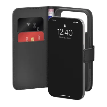 Puro iPhone 17 Pro atverams vāciņš maciņš grāmatiņa Wallet Stand, melns