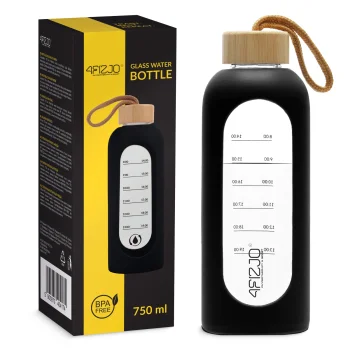 4FIZJO Glass Water Bottle with Silicone Sleeve 750 ml, Black